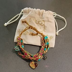 Hello Kitty Pink and Turquoise Beaded Wrap Bracelet with Gold Accents